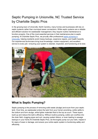 Septic Pumping in Unionville, NC Trusted Service by Charlotte Septic Pros