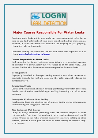Major Causes Responsible For Water Leaks