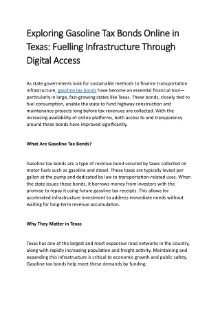 Exploring Gasoline Tax Bonds Online in Texas Fuelling Infrastructure Through Digital Access