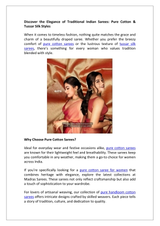 Discover the Elegance of Traditional Indian Sarees Pure Cotton & Tussar Silk Styles