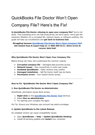 Fix QuickBooks File Doctor Won’t Open Company File Error