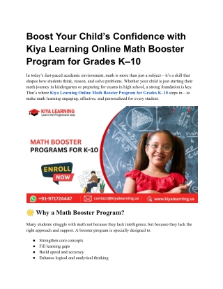 Boost Your Child’s Confidence with Kiya Learning Online Math Booster Program for Grades K–10