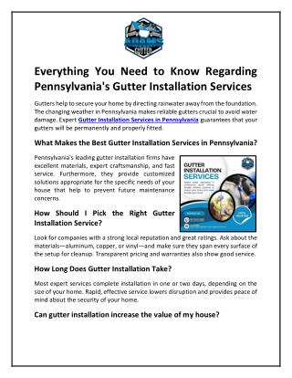 Everything You Need to Know Regarding Pennsylvania's Gutter Installation Services