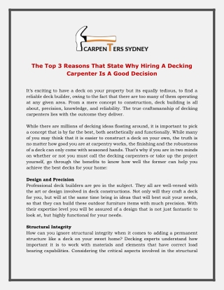 The Top 3 Reasons That State Why Hiring A Decking Carpenter Is A Good Decision