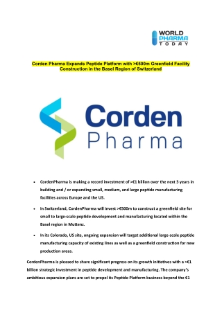 CordenPharma Expands Peptide Platform