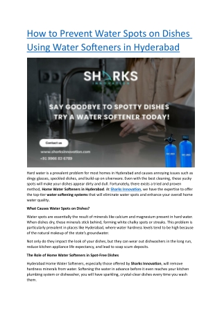 How to Prevent Water Spots on Dishes  Using Water Softeners in Hyderabad
