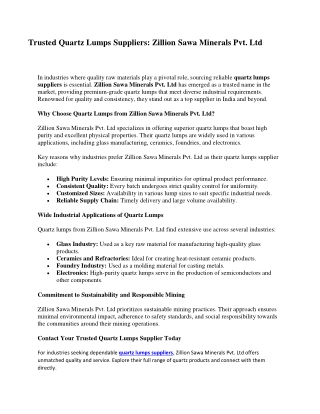 Reliable Industrial Quartz Lumps Suppliers – Zillion Sawa Minerals Pvt. Ltd.