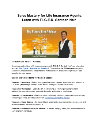 Sales Mastery for Life Insurance Agents: Learn with T.I.G.E.R. Santosh Nair