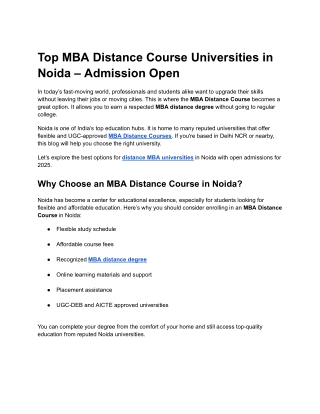 Top MBA Distance Course Universities in Noida – Admission Open