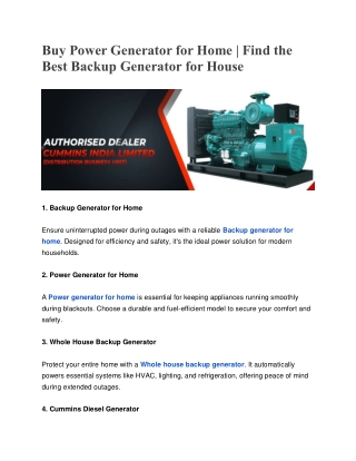 Buy Power Generator for Home | Find the Best Backup Generator for House