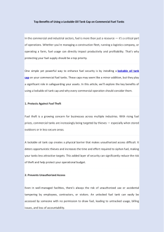 Top Benefits of Using a Lockable Oil Tank Cap on Commercial Fuel Tanks