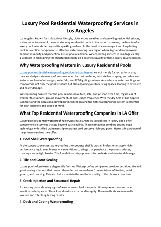 Luxury Pool Residential Waterproofing Services in Los Angeles