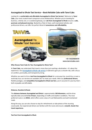 Aurangabad to Dhule Taxi Service