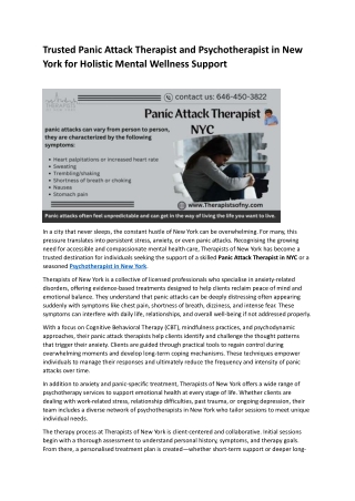 Trusted Panic Attack Therapist and Psychotherapist in New York for Holistic Ment