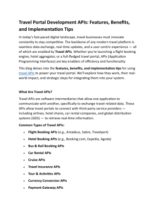 Travel Portal Development APIs: Features, Benefits, and Implementation Tips