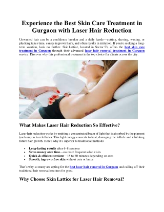 Experience the Best Skin Care Treatment in Gurgaon with Laser Hair Reduction