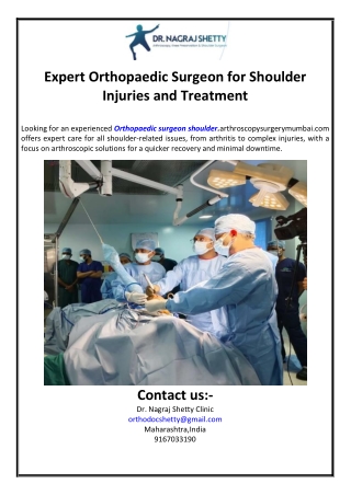 Expert Orthopaedic Surgeon for Shoulder Injuries and Treatment