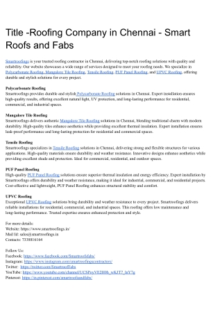 Roofing Company in Chennai - Smart Roofs and Fabs