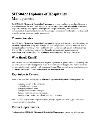 SIT50422 Diploma of Hospitality Management