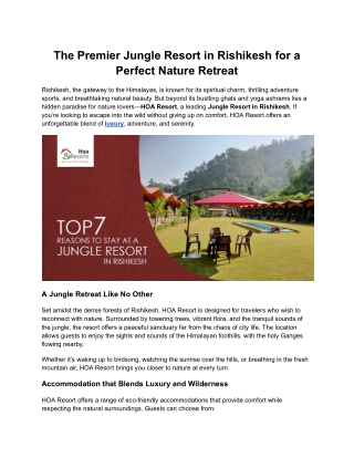 The Premier Jungle Resort in Rishikesh for a Perfect Nature Retreat