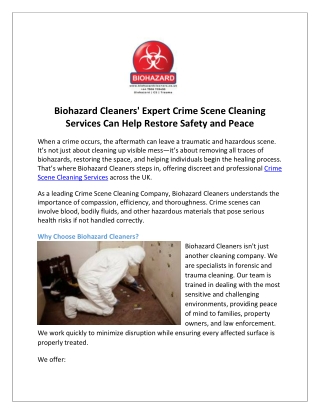 Biohazard Cleaners' Expert Crime Scene Cleaning Services Can Help Restore Safety and Peace