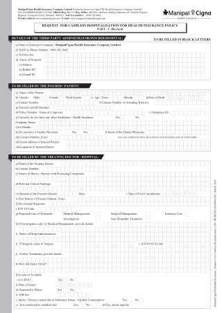 Download Cashless Hospitalisation Request Form for Health Insurance Claims Manip