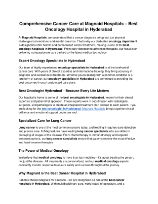 Comprehensive Cancer Care at Magnaid Hospitals – Best Oncology Hospital in Hyderabad
