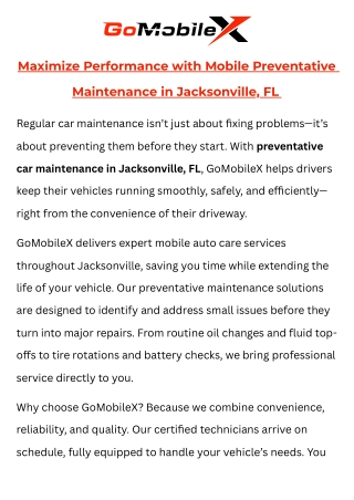 Preventative Car Maintenance Jacksonville FL – GoMobileX Mobile Auto