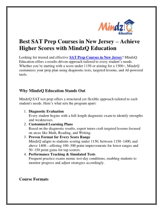 Best SAT Prep Courses in New Jersey – Achieve Higher Scores with MindzQ Educatio