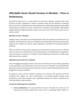 Affordable Server Rental Services in Mumbai – Price vs Performance