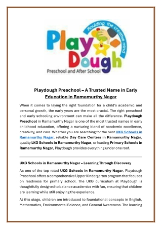 Playdough Preschool A Trusted Name in Early Education in Ramamurthy Nagar
