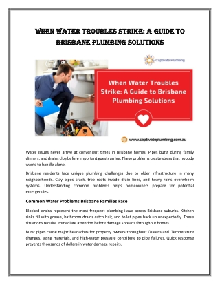 When Water Troubles Strike: A Guide to Brisbane Plumbing Solutions