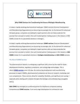 Find CMO/CDMO Pharma Companies Online | MAI CDMO