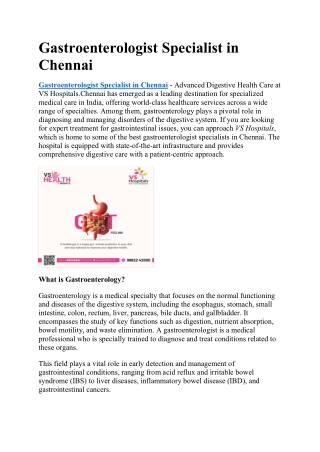 Gastroenterologist Specialist in Chennai