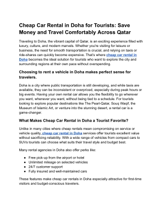 “Cheap Car Rental in Doha for Tourists: Save Money and Travel Comfortably Across