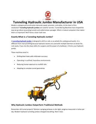 Tunneling Hydraulic Jumbo Manufacturer in USA