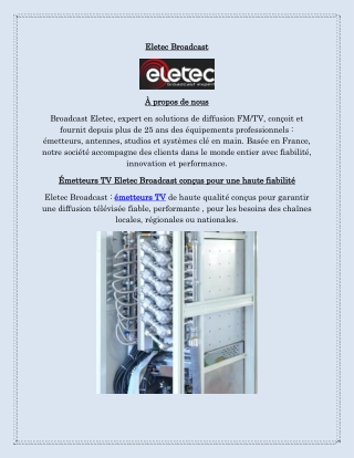 Émetteurs TV Eletec Broadcast avec technologie avancée pour station TV locales et régionales