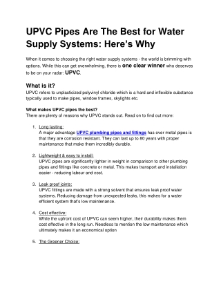 UPVC Pipes Are The Best for Water Supply Systems: Here’s Why