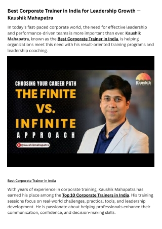 Best Corporate Trainer in India for Leadership Growth — Kaushik Mahapatra