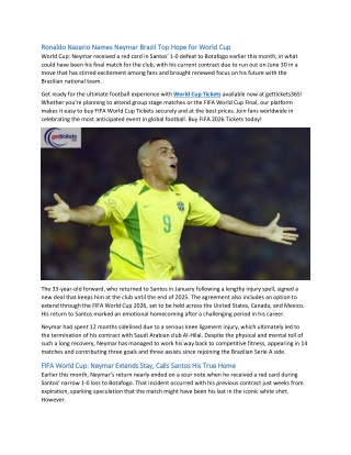 Ronaldo Nazario Names Neymar Brazil Top Hope for World Cup