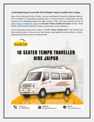 Comfortable Group Travel with 16 and 18 Seater Tempo Traveller Hire in Jaipur