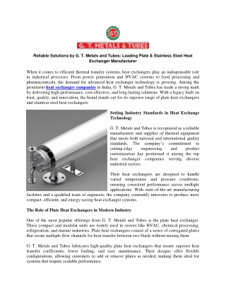 Reliable Solutions by G T Metals and Tubes Leading Plate  Stainless Steel Heat Exchanger Manufacturer