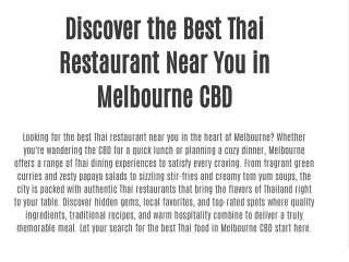 Discover the Best Thai Restaurant Near You in Melbourne CBD