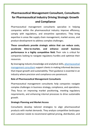 Pharmaceutical Management Consultant, Consultants for Pharmaceutical Industry Driving Strategic Growth and Compliance