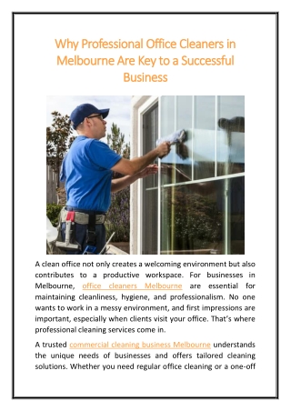 Why Professional Office Cleaners in Melbourne Are Key to a Successful Business