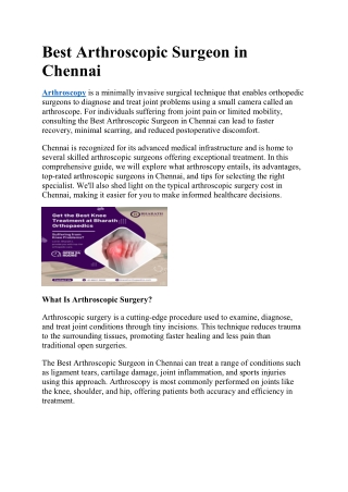 Best Arthroscopic Surgeon in Chennai