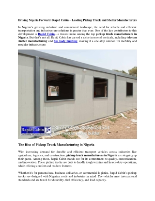 Driving Nigeria Forward Rapid Cabin Leading Pickup Truck and Shelter Manufacturers