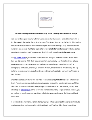 Discover the Magic of India with Private Taj Mahal Tours by Hello India Tour Eur