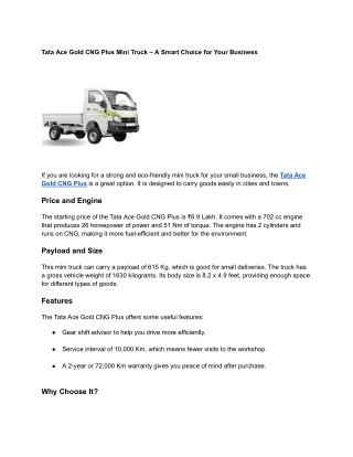 Tata Ace Gold CNG Plus Mini Truck – A Smart Choice for Your Business