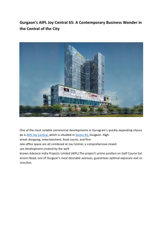 AIPL Joy Central Sector 65 Gurgaon – Premium Commercial Space Investment
